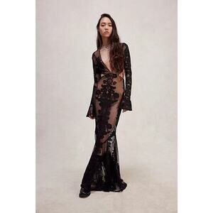 For Love & Lemons Temecula Floral Embroidered Lace Open Back Maxi Dress Black- L